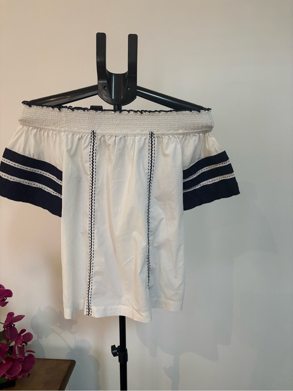 Tory Burch White Off-Shoulder Top with Navy Trim